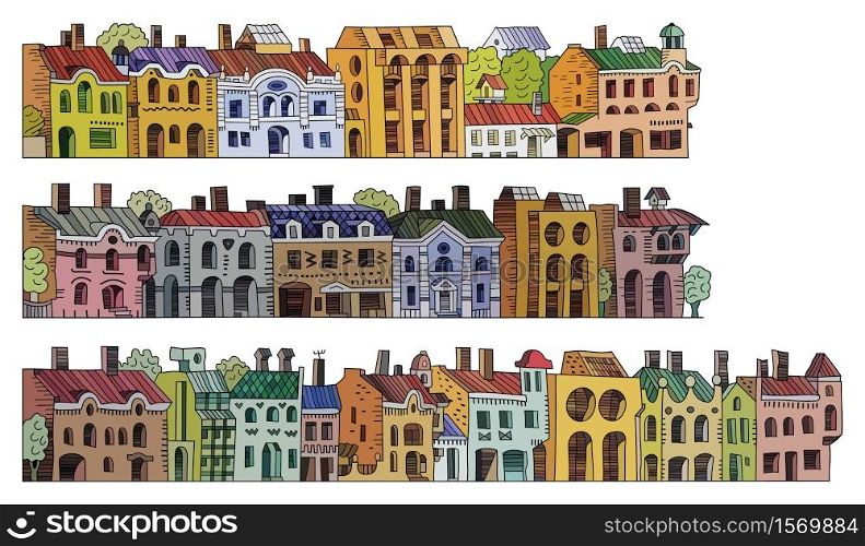 Vector hand drawn cartoon vintage houses stripes set. Buildings collection. Vector cartoon vintage houses stripes set.