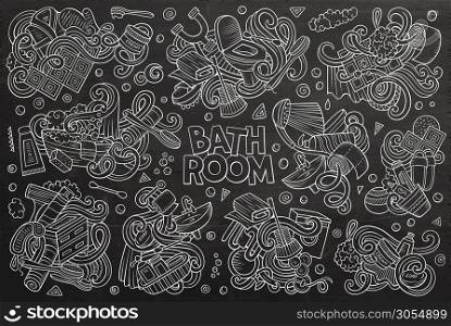 Vector hand drawn chalkboard doodle cartoon set of Bathroom objects and symbols. Vector set of Bathroom doodles designs