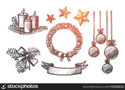 Vector hand drawn Christmas concept sketch. Holiday candles, ribbons, hanging balls, decoration stars, ornate wreath and bow with fir-tree branch isolated. Hand drawn set of Christmas decoration elements