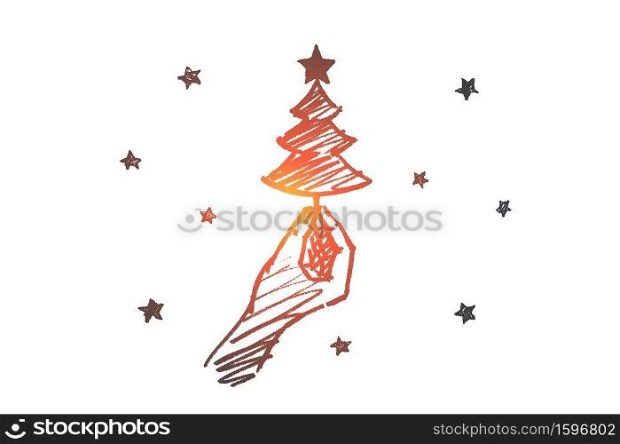 Vector hand drawn Christmas concept sketch. Human hand holding small decorated fir-tree with star on top. Hand drawn small fir-tree in human fingers
