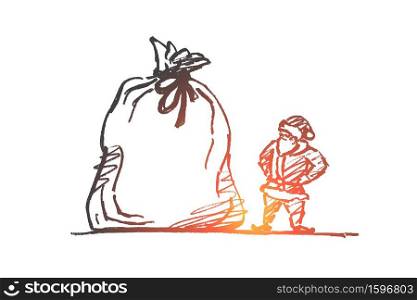 Vector hand drawn Christmas concept sketch. Santa Claus standing and looking at huge tied bag with presents. Hand drawn Santa Claus and huge bag with presents