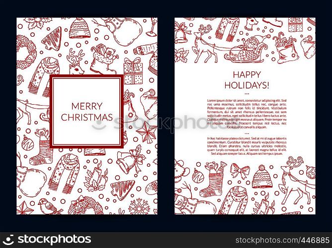 Vector hand drawn christmas elements with santa, xmas tree, gifts and bells card template with frames and place for text illustration. Vector hand drawn christmas elements with santa, xmas tree, gifts and bells card template