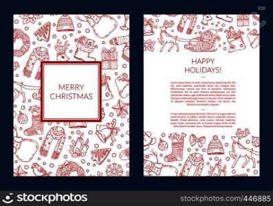 Vector hand drawn christmas elements with santa, xmas tree, gifts and bells card template with frames and place for text illustration. Vector hand drawn christmas elements with santa, xmas tree, gifts and bells card template