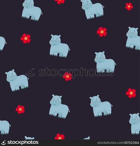 Vector hand-drawn color childish seamless repeating simple flat pattern with hippos, rainbow, plants in Scandinavian style on a white background. Cute baby animals. Pattern for kids with animals.. Vector hand-drawn color childish seamless repeating simple flat pattern with hippos, rainbow, plants in Scandinavian style on a white background. Cute baby animals. Pattern for kids with animals