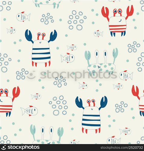 Vector hand drawn colored childish seamless repeat simple flat pattern with crabs and fishes in scandinavian style. Pattern for children with crabs. Sea ocean. Undersea world.. Vector hand drawn colored childish seamless repeat simple flat pattern with crabs and fishes in scandinavian style. Pattern for children with crabs. Sea ocean. Undersea world