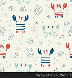 Vector hand drawn colored childish seamless repeat simple flat pattern with crabs and fishes in scandinavian style. Pattern for children with crabs. Sea ocean. Undersea world.. Vector hand drawn colored childish seamless repeat simple flat pattern with crabs and fishes in scandinavian style. Pattern for children with crabs. Sea ocean. Undersea world