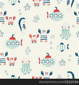 Vector hand drawn colored childish seamless repeat simple flat pattern with crabs and submarines in scandinavian style. Cute baby animals. Pattern for children with crabs.. Vector hand drawn colored childish seamless repeat simple flat pattern with crabs and submarines in scandinavian style. Cute baby animals. Pattern for children with crabs