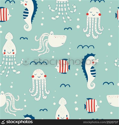 Vector hand drawn colored childish seamless repeating simple flat pattern with seahorses, fishes and octopuses in scandinavian style. Cute baby animals. Pattern for children with sea animals.