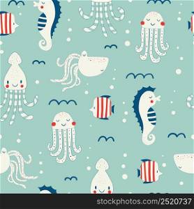 Vector hand drawn colored childish seamless repeating simple flat pattern with seahorses, fishes and octopuses in scandinavian style. Cute baby animals. Pattern for children with sea animals.