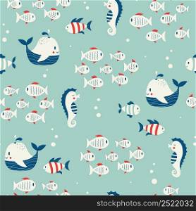 Vector hand drawn colored childish seamless repeating simple flat pattern with seahorses, whales and fishes in scandinavian style. Cute baby animals. Pattern for children with sea animals.. Vector hand drawn colored childish seamless repeating simple flat pattern with seahorses, whales and fishes in scandinavian style. Cute baby animals. Pattern for children with sea animals