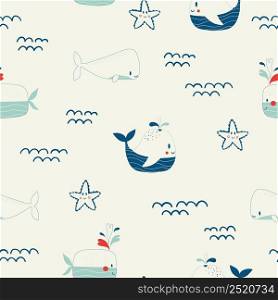 Vector hand drawn colored childish seamless repeating simple flat pattern with whales and starfish in scandinavian style. Cute baby animals. Pattern for children with whales.. Vector hand drawn colored childish seamless repeating simple flat pattern with whales and starfish in scandinavian style. Cute baby animals. Pattern for children with whales