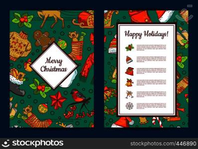 Vector hand drawn colored christmas elements with santa, xmas tree, gifts and bells card template with frames, shadows and place for text illustration. Vector hand drawn colored christmas elements with santa, xmas tree, gifts and bells card template