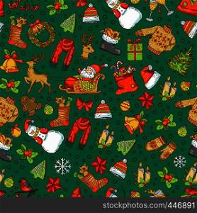 Vector hand drawn colored christmas elements with santa, xmas tree, gifts and bells pattern background illustration. Vector hand drawn colored christmas elements with santa, xmas tree, gifts and bells pattern