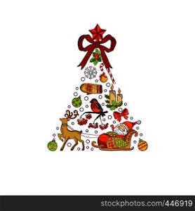 Vector hand drawn colored christmas tree, made of xmas elements with santa, gifts, bows and bells isolated on white background illustration. Vector hand drawn colored christmas tree, made of xmas elements with santa, gifts, bows and bells