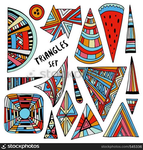 Vector hand drawn colorful triangles decorations. Geometrical and ornamental doodle set. Vector hand drawn colorful triangles decorations. Geometrical and ornamental doodle set for stickers, patches or prints