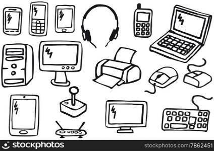 Vector hand drawn computer &amp; other electronics symbols