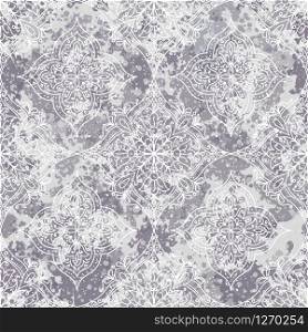 Vector hand-drawn Damascus ornament on textured background. Antique shabby seamless pattern for printed products like wallpapers, packaging, textiles.