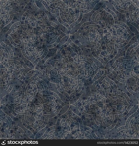 Vector hand-drawn Damascus ornament on textured background. Antique shabby seamless pattern for printed products like wallpapers, packaging, textiles.