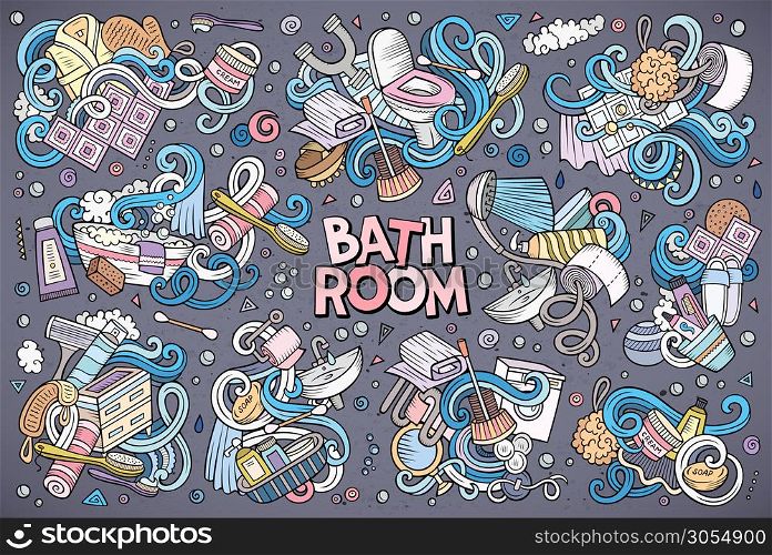 Vector hand drawn doodle cartoon set of Bathroom objects and symbols. Vector set of Bathroom doodle designs