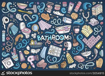 Vector hand drawn doodle cartoon set of Bathroom objects and symbols. Vector set of Bathroom objects
