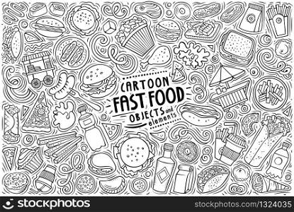 Vector hand drawn doodle cartoon set of Fast Food theme items, objects and symbols. Vector set of Fastfood theme items, objects and symbols