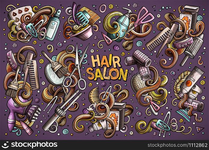 Vector hand drawn doodle cartoon set of Hair salon theme items, objects and symbols. All objects separate.. Vector set of Hair salon cartoon doodle objects