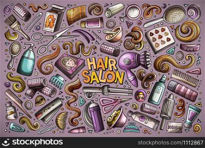 Vector hand drawn doodle cartoon set of Hair salon theme items, objects and symbols. Vector cartoon set of Hair salon theme objects