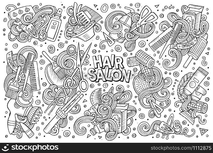 Vector hand drawn doodle cartoon set of Hair salon theme items, objects and symbols. Vector cartoon set of Hair salon theme doodles design elements