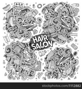 Vector hand drawn doodle cartoon set of Hair salon theme items, objects and symbols. Vector cartoon set of doodle Hair salon designs