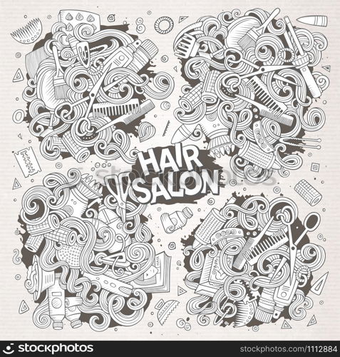Vector hand drawn doodle cartoon set of Hair salon theme items, objects and symbols. Paper background. Vector cartoon set of doodle Hair salon designs