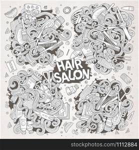 Vector hand drawn doodle cartoon set of Hair salon theme items, objects and symbols. Paper background. Vector cartoon set of doodle Hair salon designs