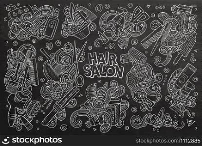 Vector hand drawn doodle cartoon set of Hair salon theme items, objects and symbols. Vector cartoon set of Hair salon theme doodles design elements
