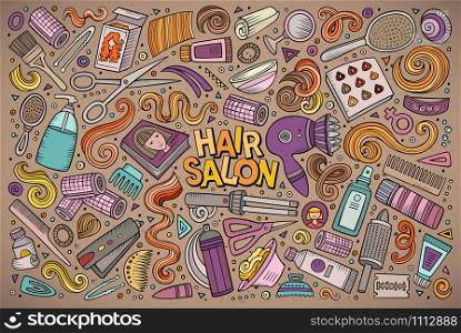 Vector hand drawn doodle cartoon set of Hair salon theme items, objects and symbols. Vector cartoon set of Hair salon theme objects