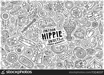 Vector hand drawn doodle cartoon set of Hippie theme items, objects and symbols. Vector set of Hippie theme items, objects and symbols