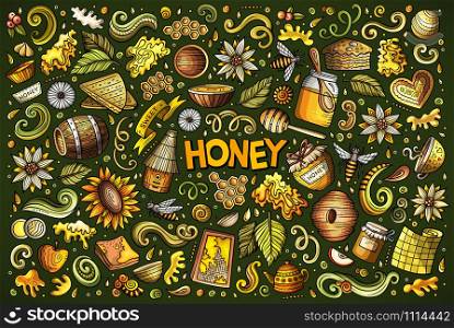 Vector hand drawn doodle cartoon set of Honey theme items, objects and symbols. Vector cartoon set of Honey theme objects