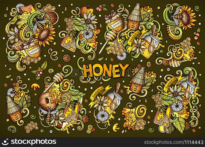 Vector hand drawn doodle cartoon set of Honey theme items, objects and symbols. All objects separate.. Vector cartoon set of Honey theme objects