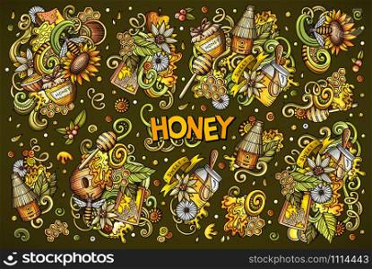 Vector hand drawn doodle cartoon set of Honey theme items, objects and symbols. All objects separate.. Vector cartoon set of Honey theme objects