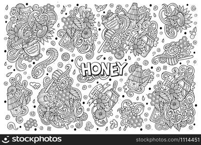 Vector hand drawn doodle cartoon set of Honey theme items, objects and symbols. Vector cartoon set of Honey theme doodles design elements