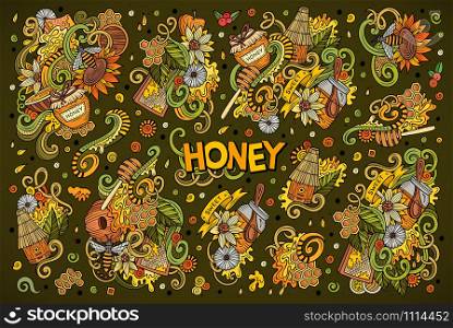 Vector hand drawn doodle cartoon set of Honey theme items, objects and symbols. Vector cartoon set of Honey theme doodles design elements