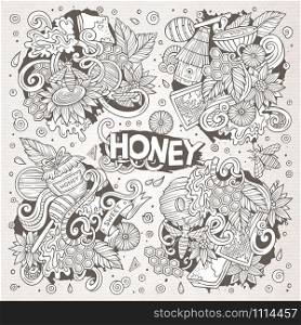 Vector hand drawn doodle cartoon set of Honey theme items, objects and symbols. Vector cartoon set of Honey theme doodles design elements