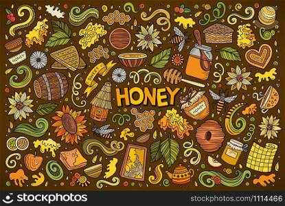 Vector hand drawn doodle cartoon set of Honey theme items, objects and symbols. Vector cartoon set of Honey theme objects