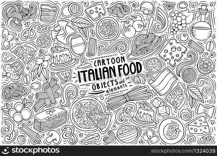 Vector hand drawn doodle cartoon set of Italian food theme items, objects and symbols. Vector set of Italian food theme items, objects and symbols