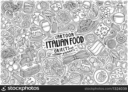 Vector hand drawn doodle cartoon set of Italian food theme items, objects and symbols. Vector set of Italian food theme items, objects and symbols