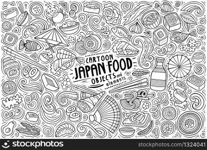 Vector hand drawn doodle cartoon set of Japan food theme items, objects and symbols. Vector set of Japan food theme items, objects and symbols