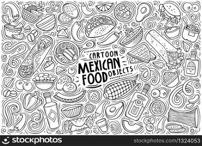 Vector hand drawn doodle cartoon set of Mexican food theme items, objects and symbols. Vector set of Mexican food theme items, objects and symbols