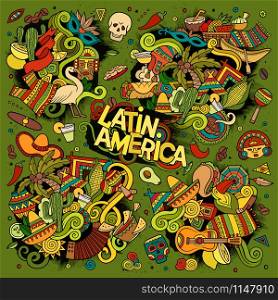 Vector hand drawn Doodle cartoon set of objects and symbols on the Latin America theme. Colorful vector hand drawn Doodle Latin American objects