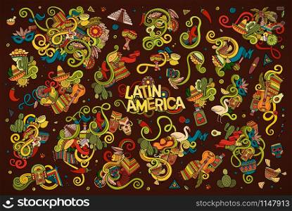 Vector hand drawn Doodle cartoon set of objects and symbols on the Latin America theme. Colorful vector hand drawn Doodle Latin American objects