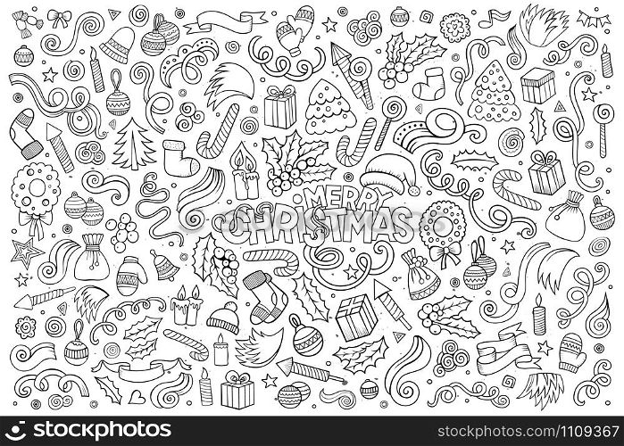 Vector hand drawn Doodle cartoon set of objects and symbols on the Merry Christmas theme. Chalkboard vector hand drawn Doodle cartoon set of Christmas objects
