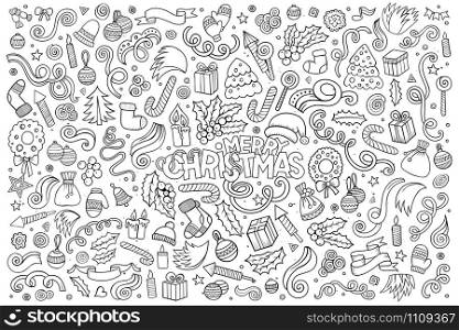Vector hand drawn Doodle cartoon set of objects and symbols on the Merry Christmas theme. Chalkboard vector hand drawn Doodle cartoon set of Christmas objects