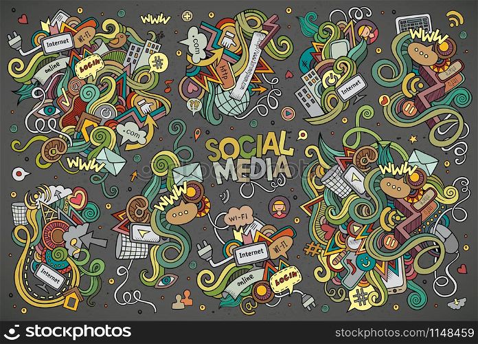 Vector hand drawn Doodle cartoon set of objects and symbols on the Social Media theme. Vector hand drawn Doodle cartoon set of objects